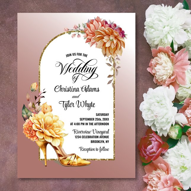 Invitation Or Floral haut talon rose vif Mariage d'arc (Créateur téléchargé)