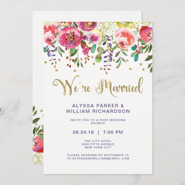 Invitation Or floral | Nous sommes mariés (Devant / Derrière)