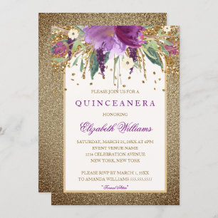 Invitation Or Floral Sparkling Amethyst Quinceanera Invitatio