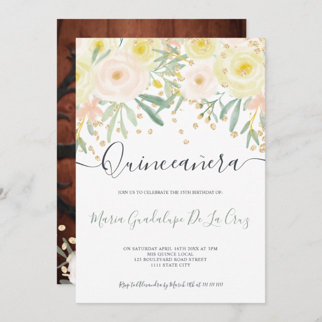 Invitation Or floral vert rose moderne Quinceanera (Devant / Derrière)