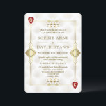 Invitation Or Gatsby Casino Royale Vegas Poker Mariage<br><div class="desc">Conception de carte unique sur le thème de Casino Royale et Gatsby le Magnifique. Elle présente un style art déco vintage, un cadre inspiré du vieil Hollywood des années 1920 rugissantes avec des Fleur-de-lis en faux or, des cœurs rouges, Q et K dans deux coins (simulant des cartes à jouer),...</div>