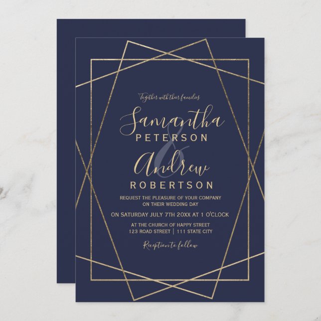 Invitation or géométrique marine bleu typographie mariage (Devant / Derrière)