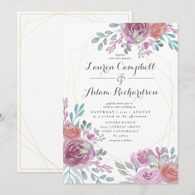 Invitation Or Géométrique Rustique Floral Bourgogne (Devant / Derrière)