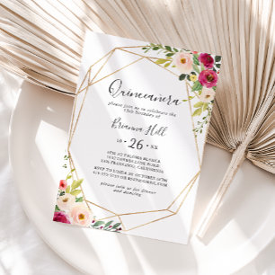Invitation Or Géométrique Verdure rose Floral Quinceañera