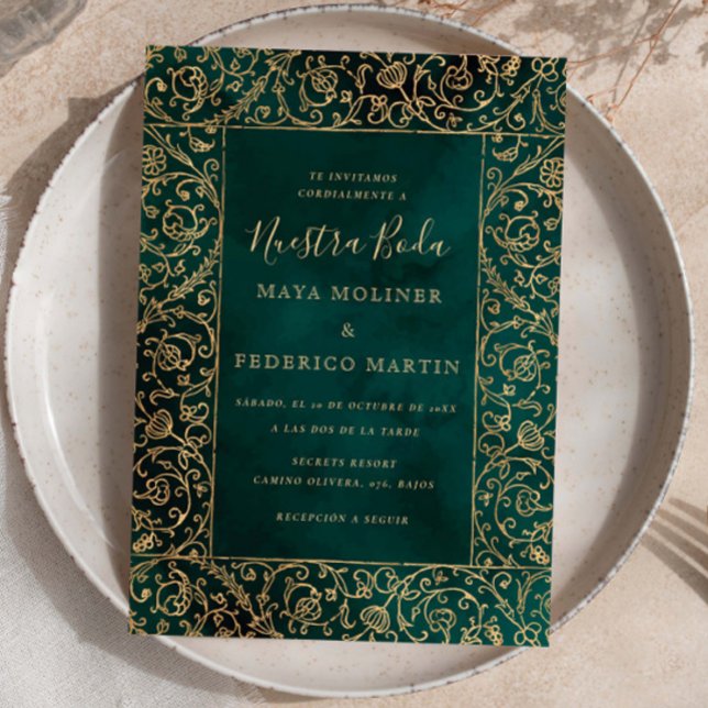Invitation Or Gold & Green Velvet Nuestra Boda Mariage (Créateur téléchargé)