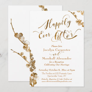 Invitation Or Heureux Pour Toujours avec Botaniques sur Fond 