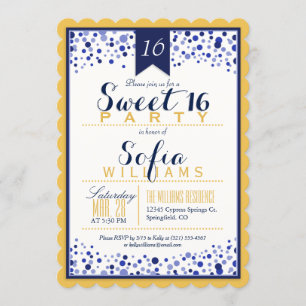 Invitation Or jaune, blanc, bleu marine Sweet 16 Party