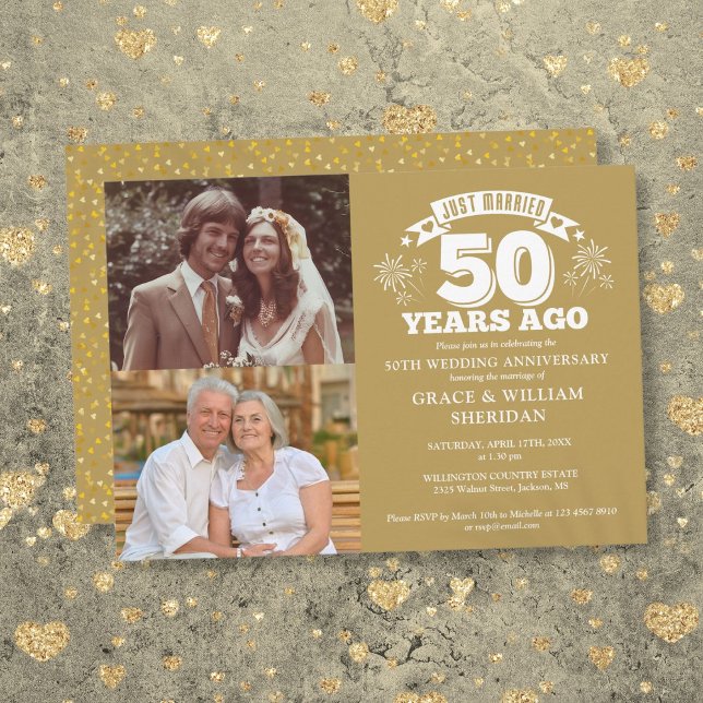 Invitation Or Juste Marié 50e Anniversaire de Mariage 2 Photo (Gold Just Married 50th Wedding Anniversary 2 Photo Invitation)