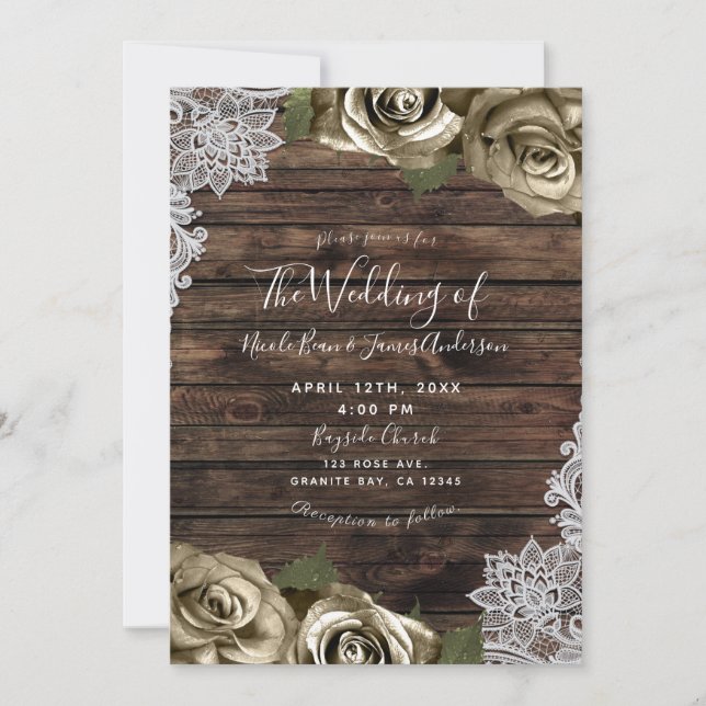 Invitation Or léger Glam Floral Roses Bois rustique Dentelle (Devant)