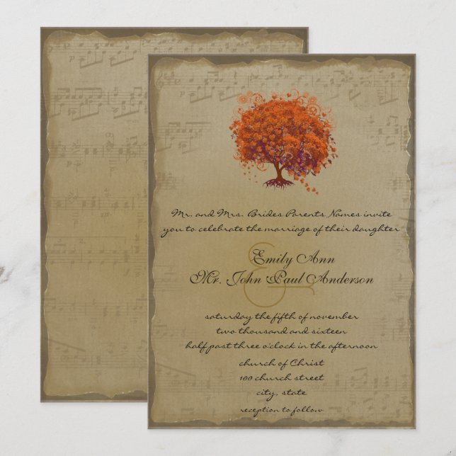 Invitation Or Mari Musical Orange Plum Heart Leaf Tree Mariag (Devant / Derrière)