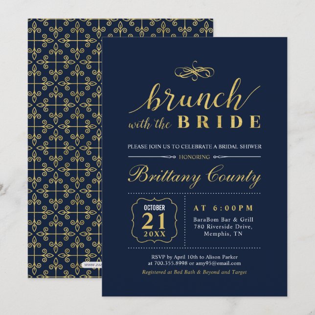 Invitation Or | Mariage Élégant Brunch de Mariée (Devant / Derrière)