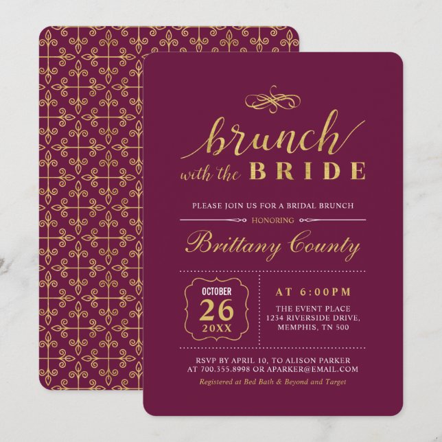 Invitation Or | Mariage Élégant Brunch de Mariée (Devant / Derrière)