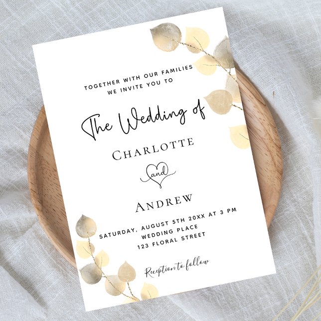 Invitation or mariage eucalyptus or blanc luxe (Créateur téléchargé)