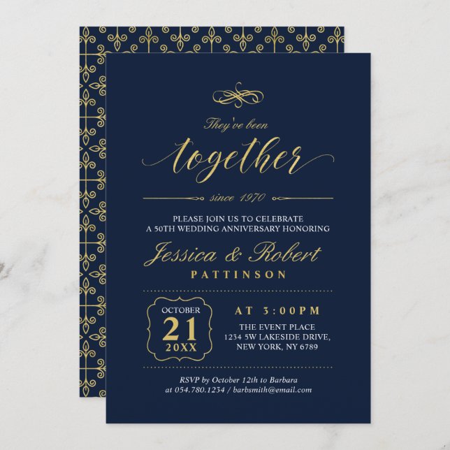 Invitation Or & Marine | 50e anniversaire de mariage élégant (Devant / Derrière)