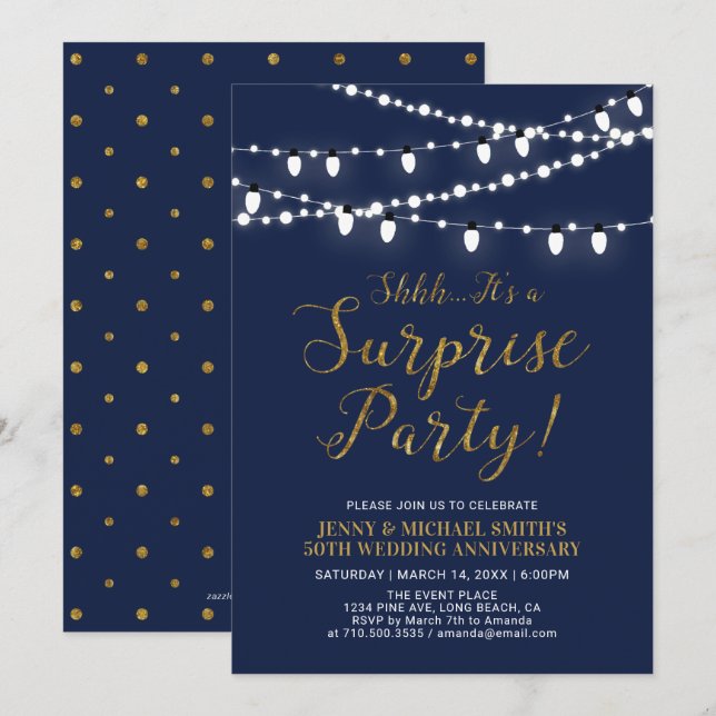 Invitation Or & Marine | 50e anniversaire de mariage surprise (Devant / Derrière)