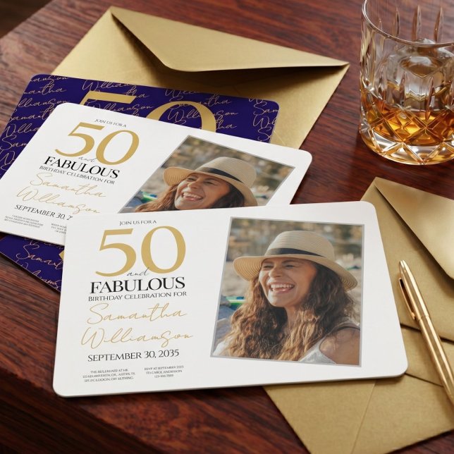 Invitation Or & Marine | 50e Anniversaire de Naissance Photo  (Créateur téléchargé)