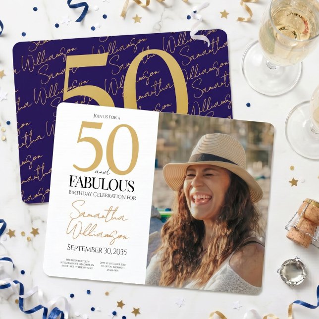 Invitation Or & Marine | 50e Élégante Fabulouse Fête d'Annive (Créateur téléchargé)