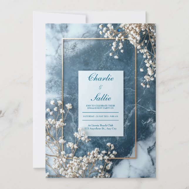 Invitation Or Marine Bleu Marbre Baby's Breath Mariage (Devant)
