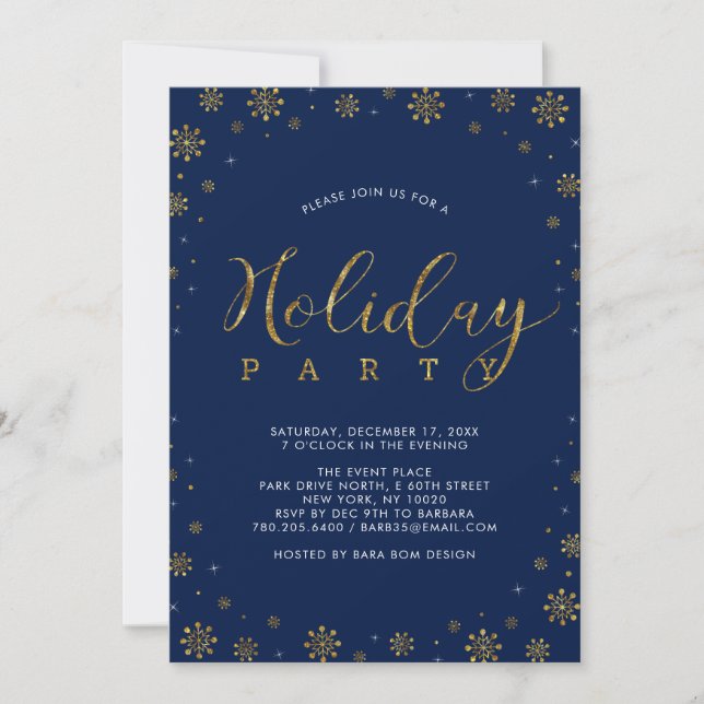 Invitation Or & Marine | Fête de Noël aux flocons de neige mo (Devant)