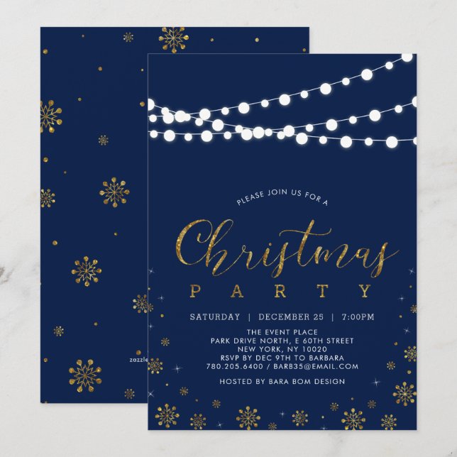 Invitation Or & Marine | Fête de Noël aux flocons de neige mo (Devant / Derrière)