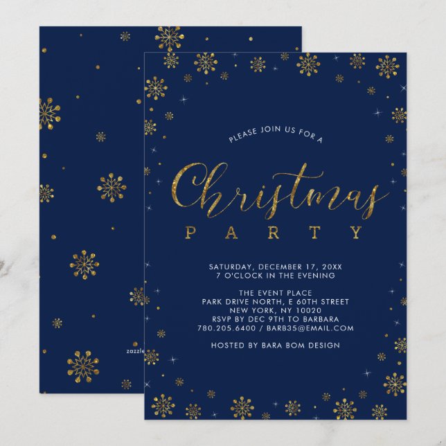Invitation Or & Marine | Fête de Noël Moderne Flocon de Neige (Devant / Derrière)