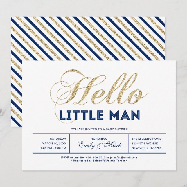 Invitation Or, Marine | Garçon Baby Shower Typographie Modern (Devant / Derrière)