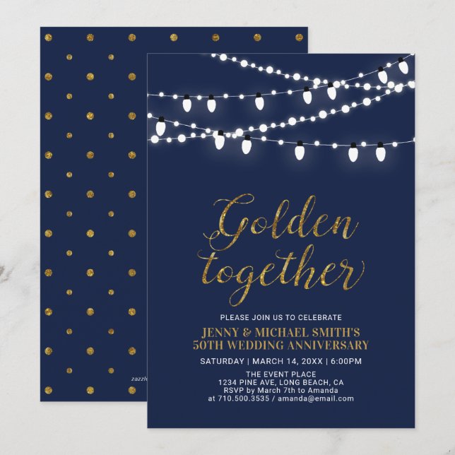 Invitation Or & Marine | Moderne 50e Anniversaire de Mariage (Devant / Derrière)