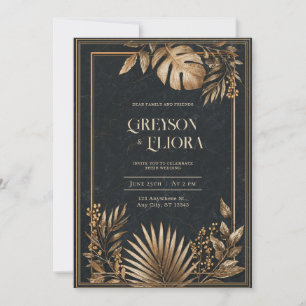 Invitation Or Métallique Mariage Tropical Marbre Noir