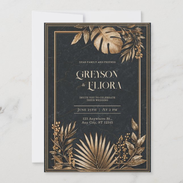 Invitation Or Métallique Mariage Tropical Marbre Noir (Devant)
