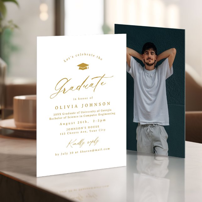 Invitation Or Moderne Calligraphie Simple Photo Remise de dip (Gold Modern Calligraphy Simple Photo Graduation Invitation)