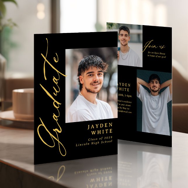 Invitation Or Moderne de Calligraphie Photo de Remise de Dipl (Black Gold Modern Calligraphy Photo Graduation Invitation)