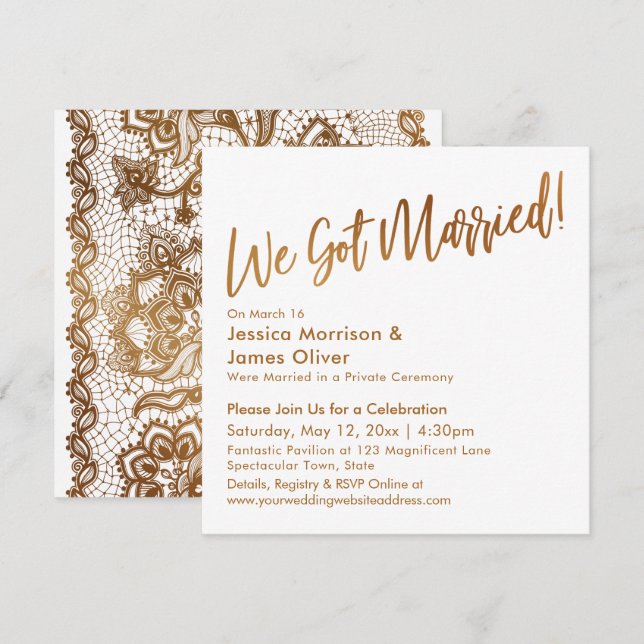Invitation Or Moderne Script & Dentelle Nous sommes mariés ! (Devant / Derrière)