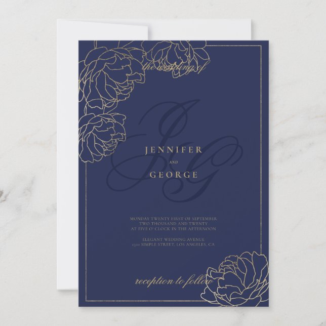 Invitation Or monogramme initiales floral mariage bleu marine (Devant)