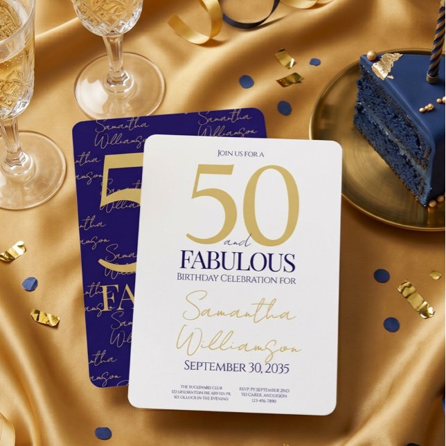 Invitation Or Navy 50 et Fabuleux | 50e Anniversaire Simple (Créateur téléchargé)