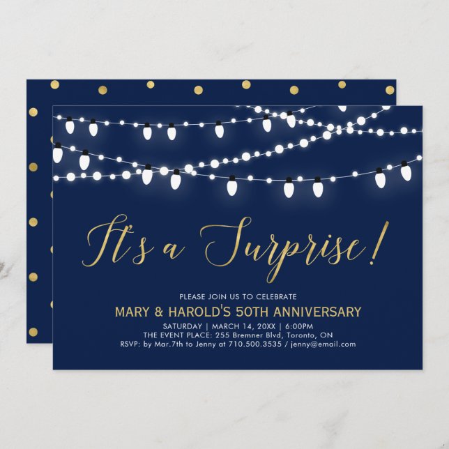 Invitation Or & Navy | 50e anniversaire de mariage surprise (Devant / Derrière)