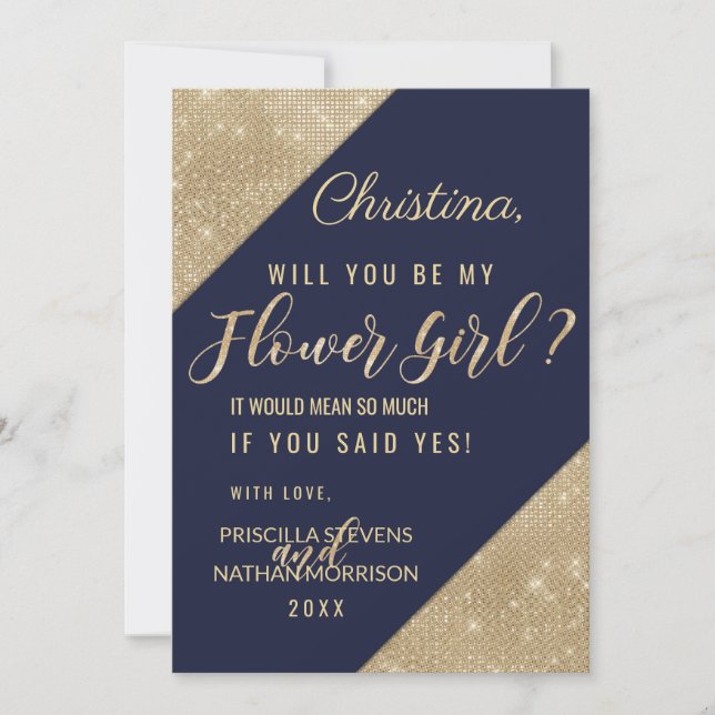 Invitation Or Navy Bleu Faux Paillettes Sequins Fille Fleur (Devant)