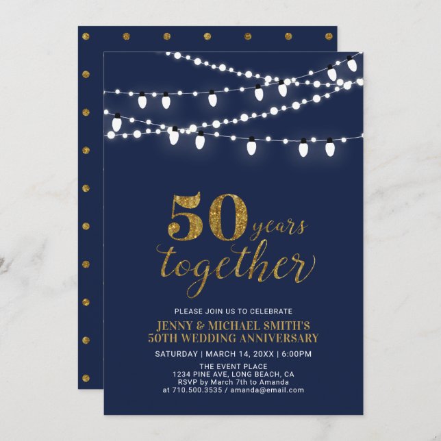 Invitation Or & Navy | Moderne 50e anniversaire de mariage (Devant / Derrière)