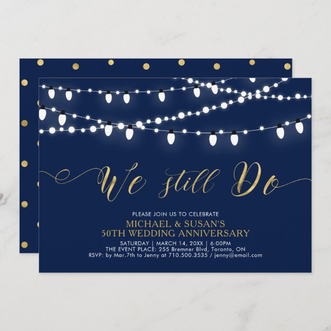Invitation Or & Navy | Moderne 50e anniversaire de mariage (Devant / Derrière)