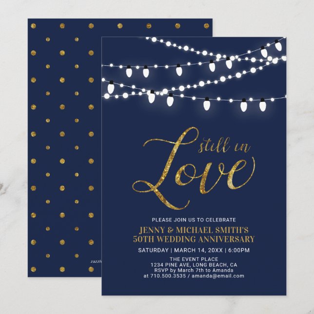 Invitation Or & Navy | Moderne 50e Anniversaire de Mariage (Devant / Derrière)