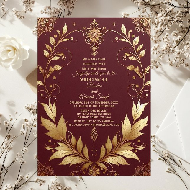 Invitation Or Né Doré Marron Feuillu Indien de Bon Augure (Auspicious Gold Ornate Maroon Leafy Swirls Indian Invitation)