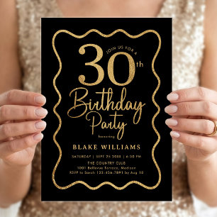 Invitation Or noir 30e anniversaire bordure ondulée