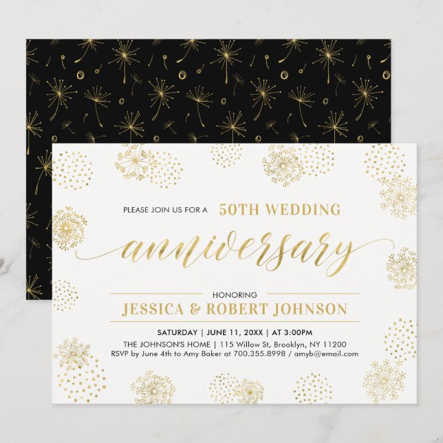 Invitation Or & Noir | 50e anniversaire de mariage élégant (Devant / Derrière)