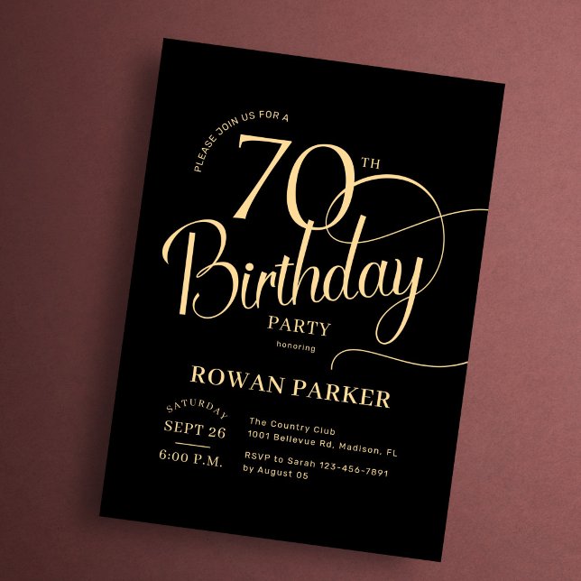 Invitation Or noir 70e anniversaire Écriture élégante (Créateur téléchargé)