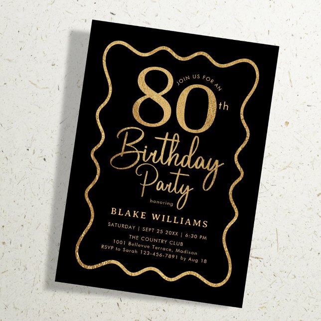 Invitation Or noir 80e anniversaire bordure ondulée (Créateur téléchargé)