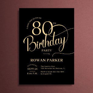 Invitation Or noir 80e anniversaire Écriture élégante