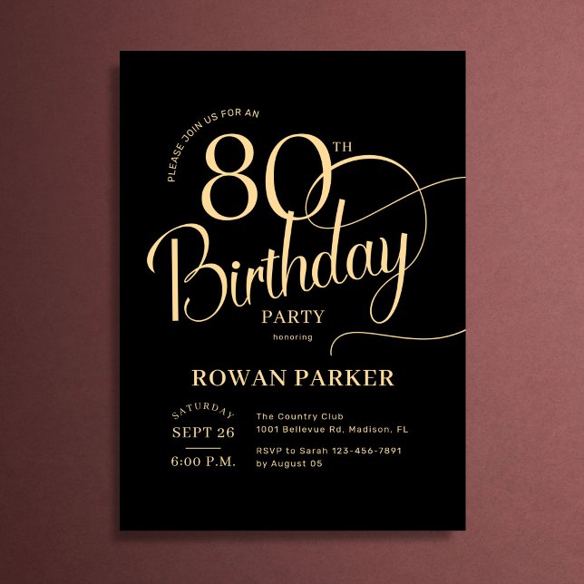 Invitation Or noir 80e anniversaire Écriture élégante (Créateur téléchargé)