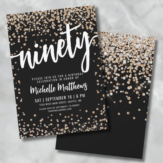 Invitation Or Noir 90e Anniversaire (Black Gold 90th Birthday Invitation)