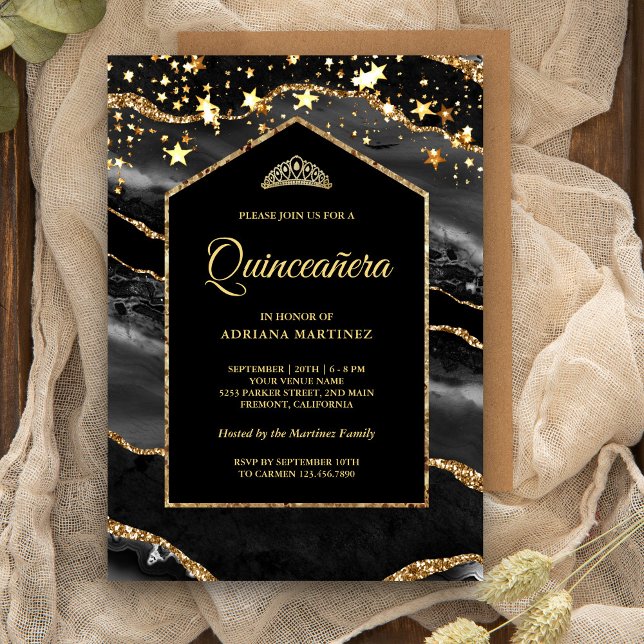 Invitation Or Noir Agate Marbre Arche Quinceanera (Créateur téléchargé)