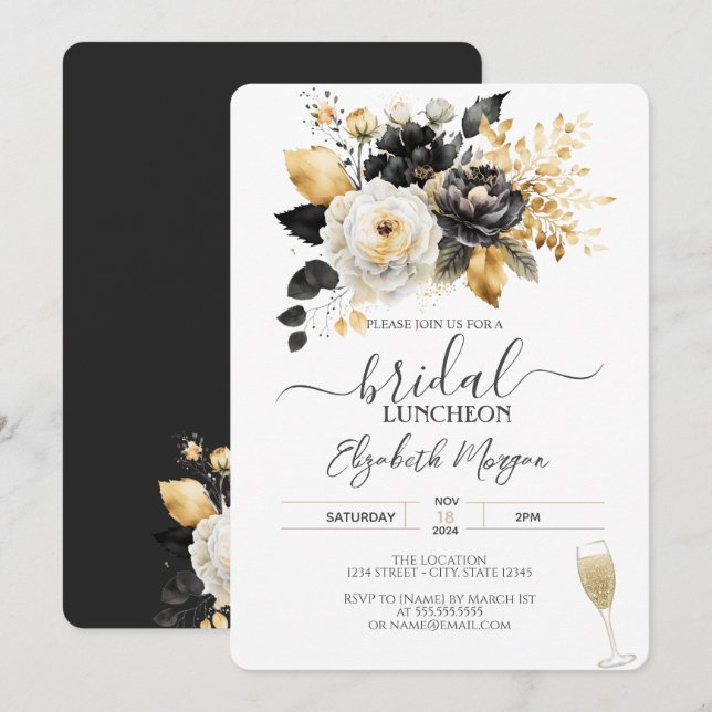 Invitation Or Noir Blanc Fleurs Luncheon de Mariée (Devant / Derrière)
