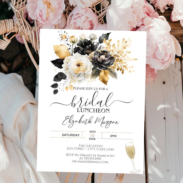Invitation Or Noir Blanc Fleurs Luncheon de Mariée (Créateur téléchargé)